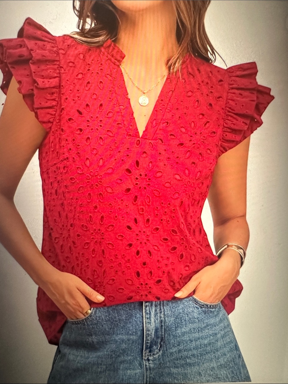 NWT Women's Red Eyelet Ruffle Sleeve Blouse, size Large